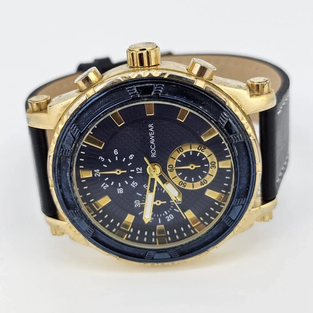 Rocawear Men's Watch 46MM Blue Dial NEW Black Faux‎ Leather Bands NEW Battery